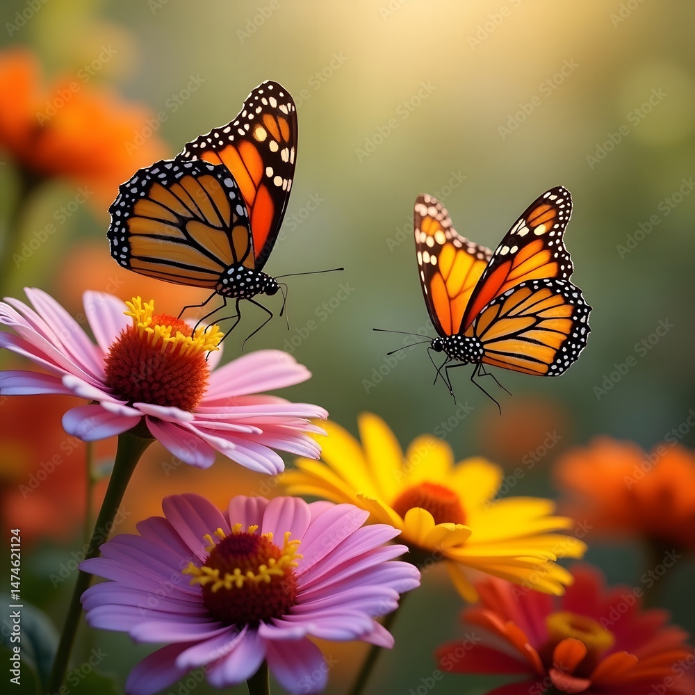 Fototapeta premium Monarch butterflies on colorful blooming flowers in sunlight