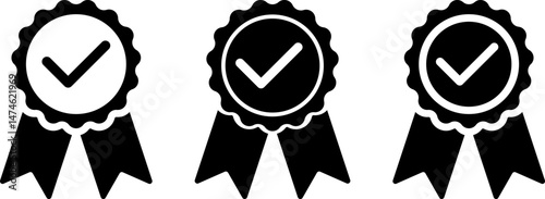 Approval qualified medal icon set. Check mark award icons. Achievement sign. Winning and Success. Being Successful