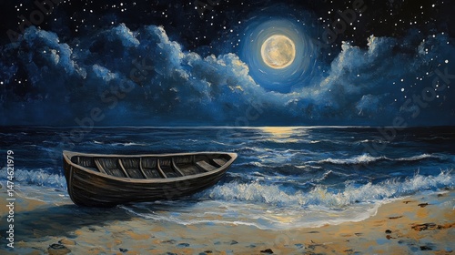 A serene night scene depicting a wooden rowboat resting on the shore