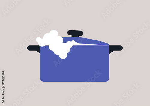 Hot water bubbles furiously in a vibrant sauce pan, creating a playful overflow of steam, This kitchen mishap captures the essence of cooking with energy and excitement in an everyday setting