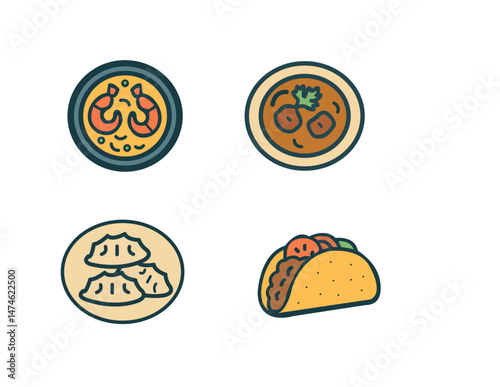  Delicious Global Cuisine Icons: Dumplings, Tacos, Curry, and Shrimp Pasta