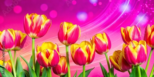 Surreal Garden: Vibrant Red and Yellow Tulips in Dreamlike Landscape