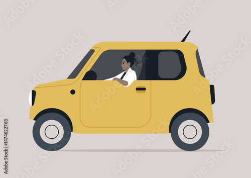 A skilled kei car driver navigates the urban environment, embodying the essence of Japanese automotive culture with style and grace in a vibrant  compact car
