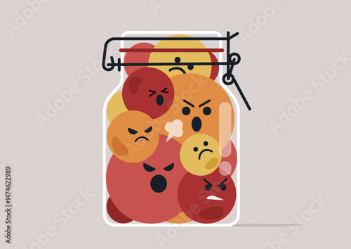 A jar overflows with vivid, stylized emotions, illustrating various suppressed feelings waiting to be released.