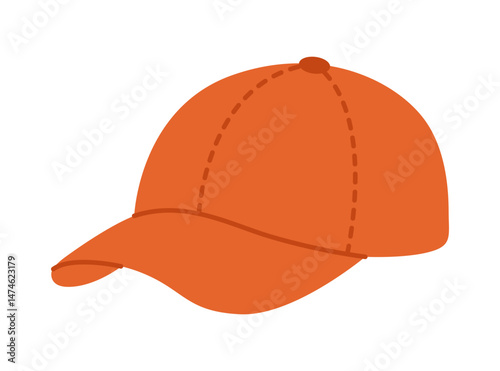 Orange baseball cap. Sun protection headdress. Summer headwear for women and men. Headgear for sports, running, fitness training. Vector flat illustration isolated on white background