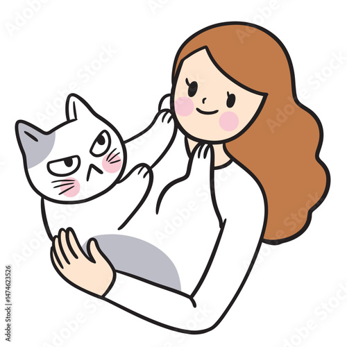 Cute cartoon lines of a woman and a cat on a happy day.