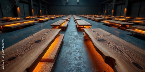 Illuminated Wooden Benches in a Vast Industrial Hall A Serene and Modern Arrangement