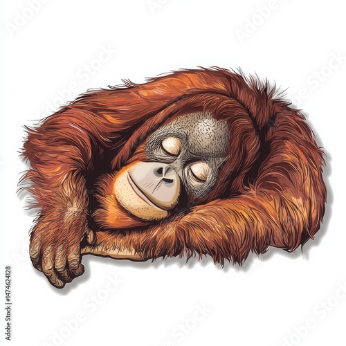 Sleeping Ape Illustration, Red Fur, Closeup Portrait On White Background photo