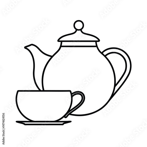 Simple outline of a teapot and teacup on a white background perfect for design and illustration use