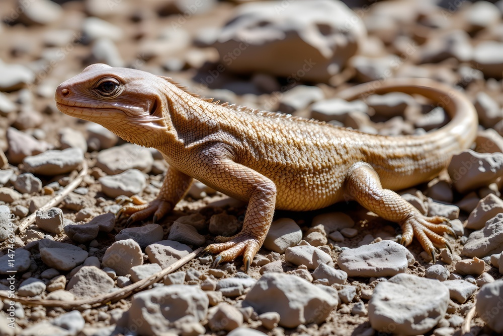 Naklejka premium Desert Lizard basking in the sun: A close-up shot of a desert lizard basking in the warm sunlight, its scaled skin reflecting the harsh environment.