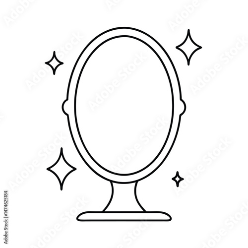 Minimalist line art illustration of an oval mirror with sparkling decorative elements isolated on white
