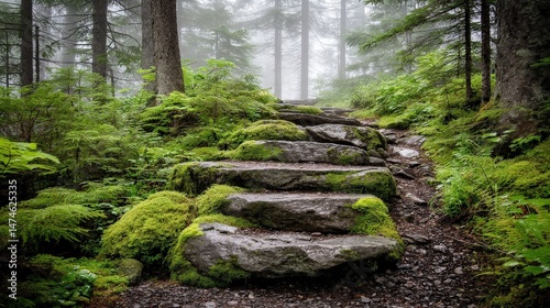 Misty Forest Pathway with Stone Steps Surrounded by Lush Greenery and Foggy Atmosphere