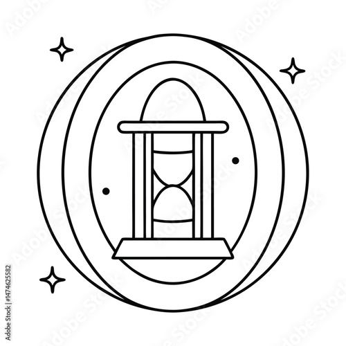 Elegant hourglass lantern vector illustration inside circular design with starry accents in black outline