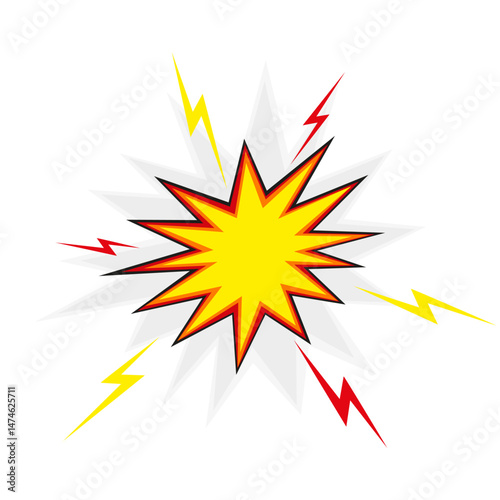 Comic-style explosion with yellow starburst, red outline, and lightning bolts on white background — dynamic burst or impact illustration.