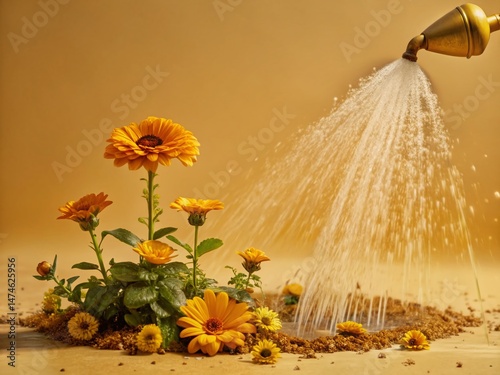 Surreal Slow Motion Sprinkler Watering Flowers, Dreamlike Garden Scene