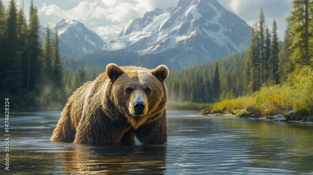 Obraz premium The diverse wildlife of Yellowstone, featuring a close-up of a grizzly bear fishing in a river, with lush forest and mountains in the background