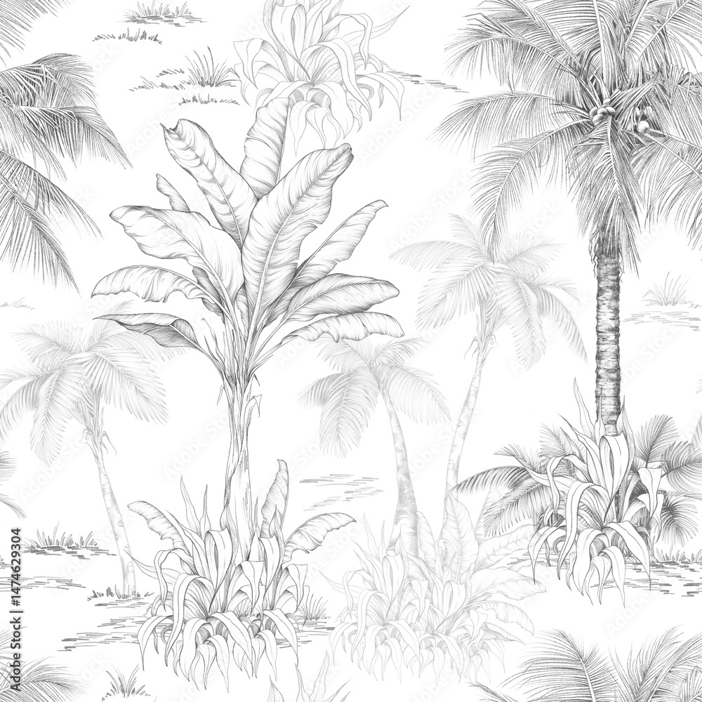 custom made wallpaper toronto digitalSeamless pattern with hand-drawn palm trees and tropical foliage in pencil sketch style. Monochrome botanical design perfect for fabric, wallpaper, and packaging. Clean and natural look with a vintage