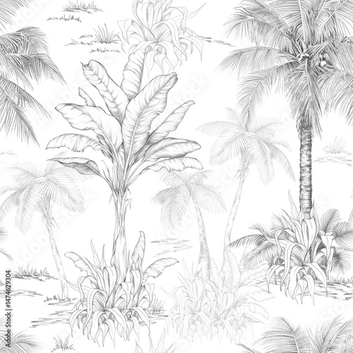 Wallpaper Mural Seamless pattern with hand-drawn palm trees and tropical foliage in pencil sketch style. Monochrome botanical design perfect for fabric, wallpaper, and packaging. Clean and natural look with a vintage Torontodigital.ca
