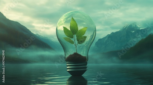 a green light bulb with a plant inside of it, green energy, environmental light