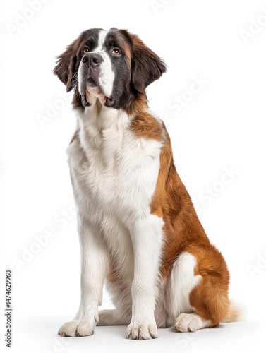 Powerful Saint Bernard with a rich red and white coat sits proudly, showcasing an impressive build and kind expression, embodying strength and gentleness with expressive brown eyes