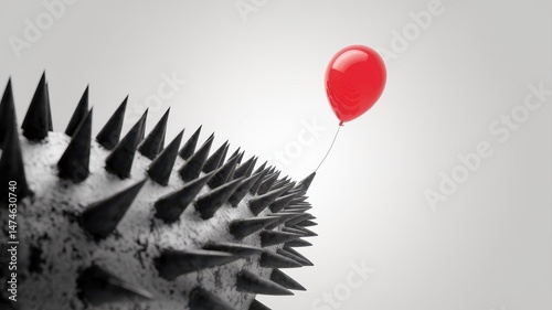 Due to concern rising concept. A red balloon floats above a spiky surface, creating a striking contrast.