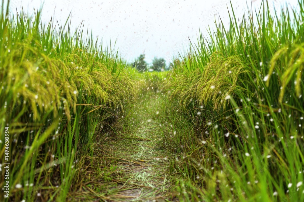 Obraz premium It's raining in the rice fields that are growing beautiful ears