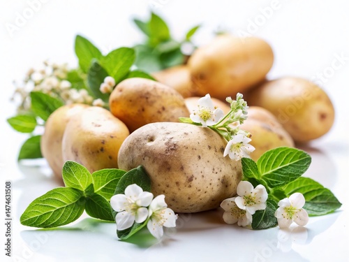 Tilt-Shift Photo: Fresh Potatoes, Green Leaves & Blossoms