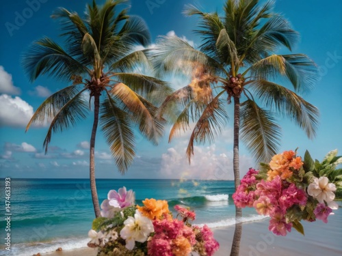Tranquil Beach Paradise: Palm Trees, Flowers & Ocean Waves Double Exposure