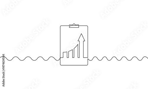 Continuous line drawing of graph with clipboard on white background. Illustration vector of bar chart. Single line art of business growth. Object one line of increasing arrow up. Flat icon sign symbol