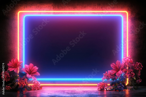 Bright neon frame with flowers in dark space