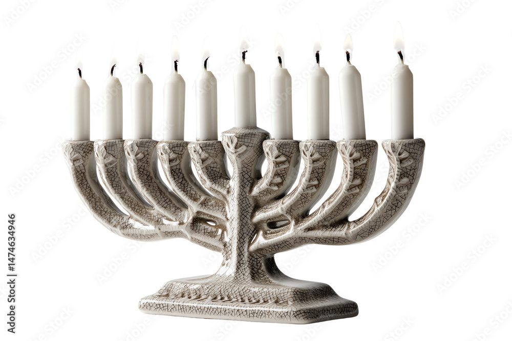 Fototapeta premium Menorah with lit candles on a white isolated background