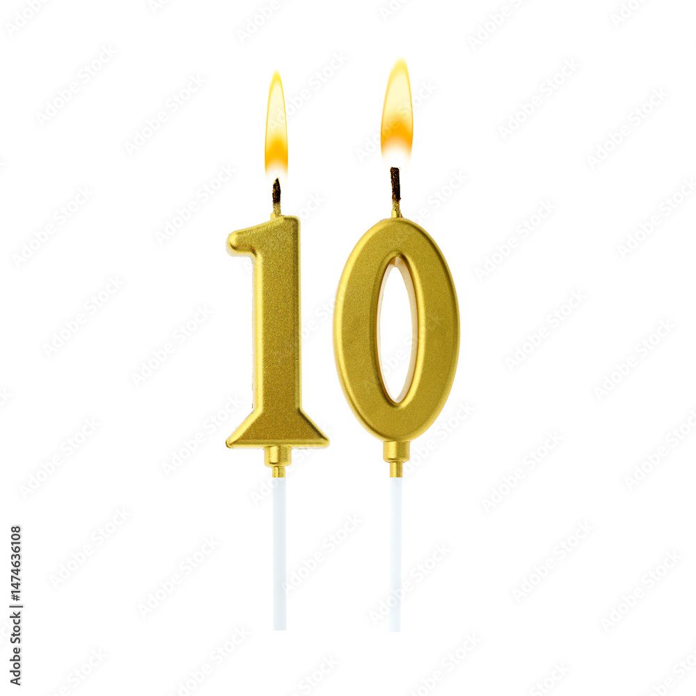 Burning golden cake candles composing number 10 on white background. Festive decoration for birthday or other special date Burning golden cake candles composing number 10 on white background. Festive decoration for birthday or other special date