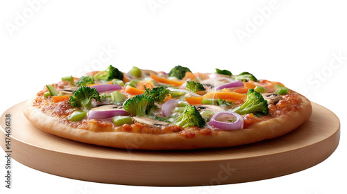 Vegetable Pizza: Close-up shot of a delicious vegetable pizza topped with fresh vegetables on a wooden platter. Capture the appetizing look and taste of it