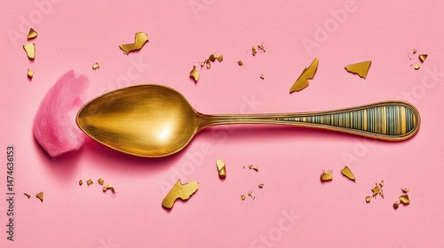 Golden Spoon with Cotton Candy on Pink Surface Surrounded by Gold Flakes and Stripes