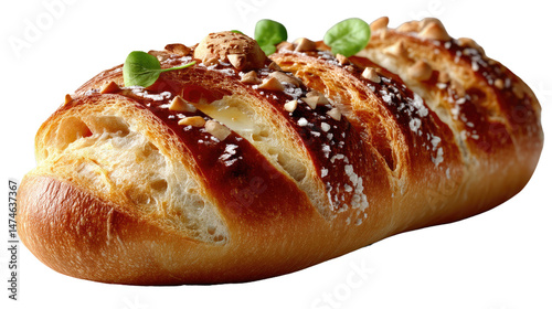 Sweet Bread Loaf with Nuts: A golden-brown artisan bread loaf, adorned with crunchy nuts and a hint of herbs, exudes warmth and irresistible aroma.  