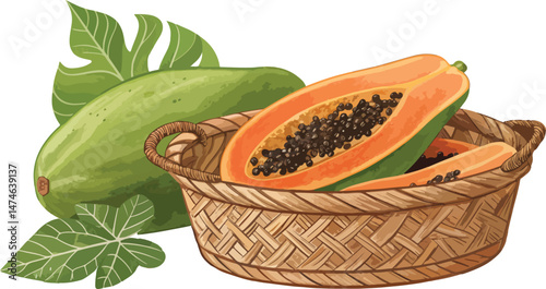 Papaya vector design, Papaya in wicker basket in white background