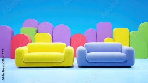 Colorful Modern Sofas in a Playful Room with Bright Shapes and Vibrant Backgrounds
