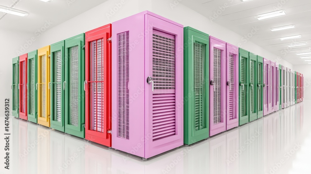 Naklejka premium Colorful Storage Units in Modern Facility with Bright Doors for Organization and Convenience