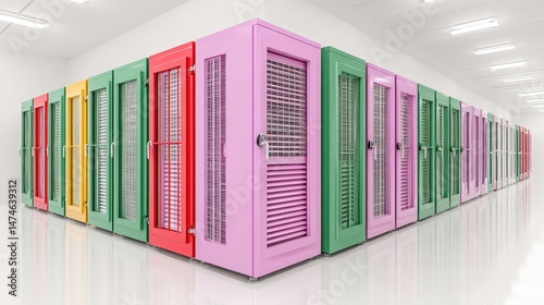 Colorful Storage Units in Modern Facility with Bright Doors for Organization and Convenience