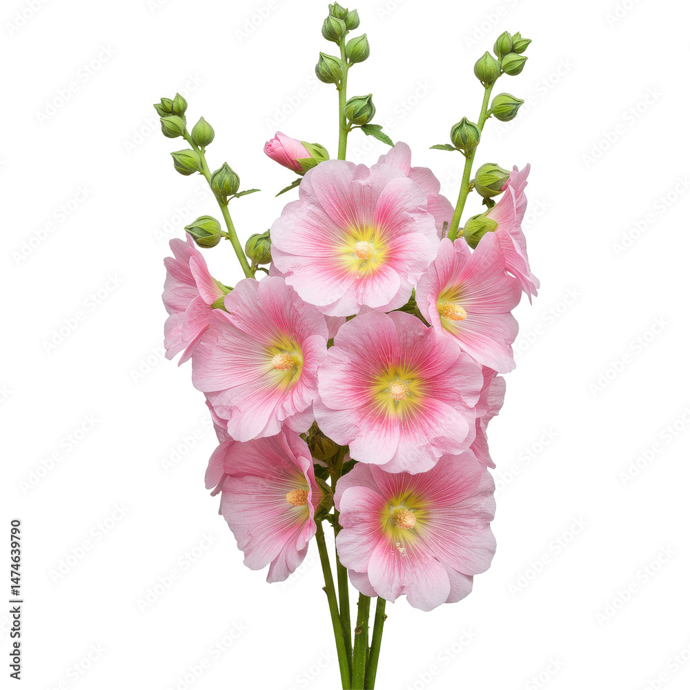 Fototapeta premium Pink hollyhocks bloom, center yellow on dark. Budding green stems extend above the flowers