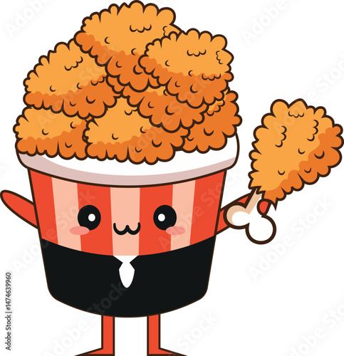 bucket of fried chicken, clipart, illustration for backgrounds and textures, cute, mascot, with suit