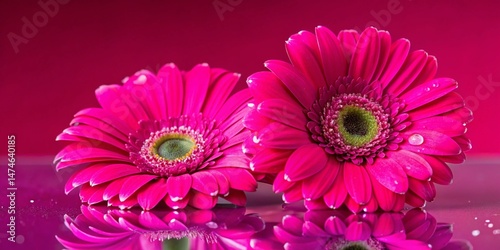 Vibrant Gerbera Daisies Close-Up with Dewdrop on Leaf - Stock Photo