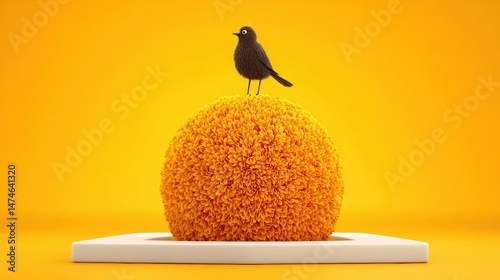Cute cartoon bird standing on fluffy orange mound against bright yellow background