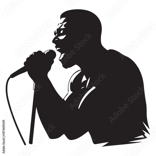 Man singer, man singing on mic, singer singing silhouette, vocalist singing to microphone Vector Black silhouette. with white background