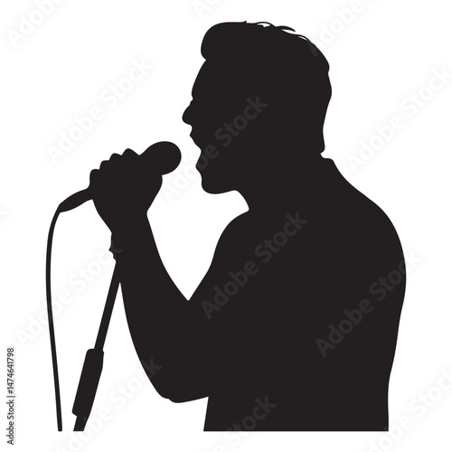 Man singer, man singing on mic, singer singing silhouette, vocalist singing to microphone Vector Black silhouette. with white background