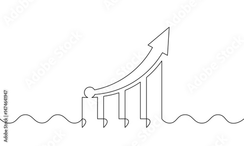 Continuous line drawing of graph with increasing arrow up. Illustration vector of bar chart. Single line art of business growth on white background. Object one line of flat icon sign symbol