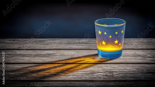 Colorful glass with stars creating intriguing shadow on wooden table in dimly lit environment