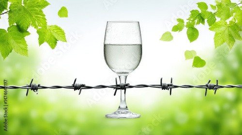 Glass of Water on Barbed Wire with Green Leaves in Nature Background and Bright Sky Atmosphere