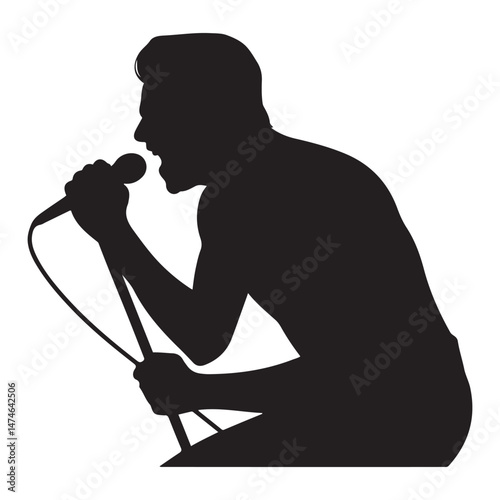 Man singer, man singing on mic, singer singing silhouette, vocalist singing to microphone Vector Black silhouette. with white background