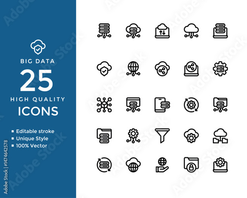 Big Data and Cloud Computing Icons – Database, Server, Network, AI, Cybersecurity & Analytics – Editable Vector Set
